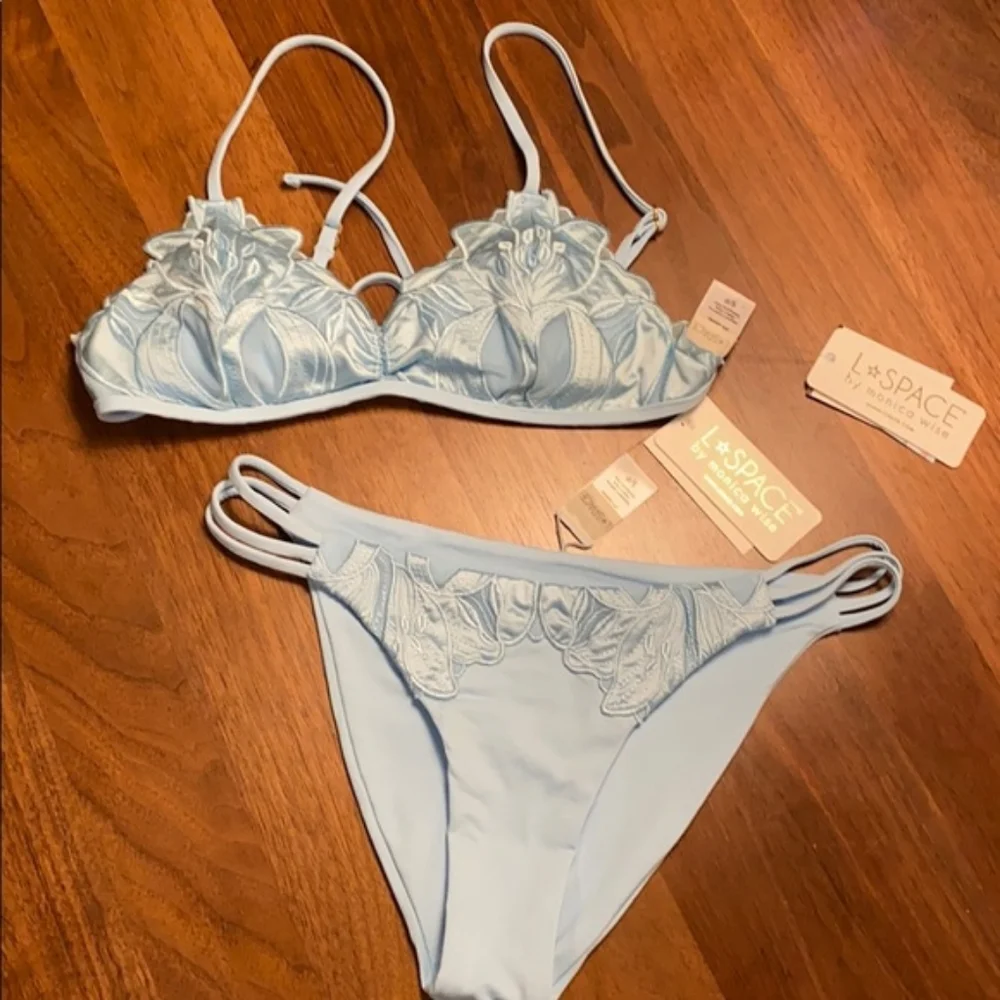 L*Space Jean Top Claude Bottoms Bikini Blue Full Set Satin